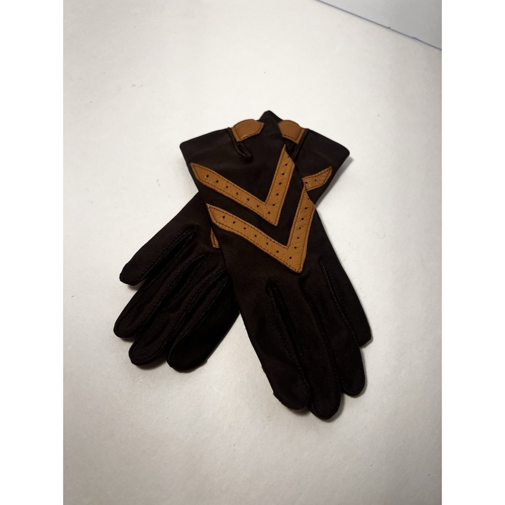 Isotoner Aris Vintage Brown Tan Dress Gloves One Size Nylon Spandex Two Tone - Picture 2 of 8